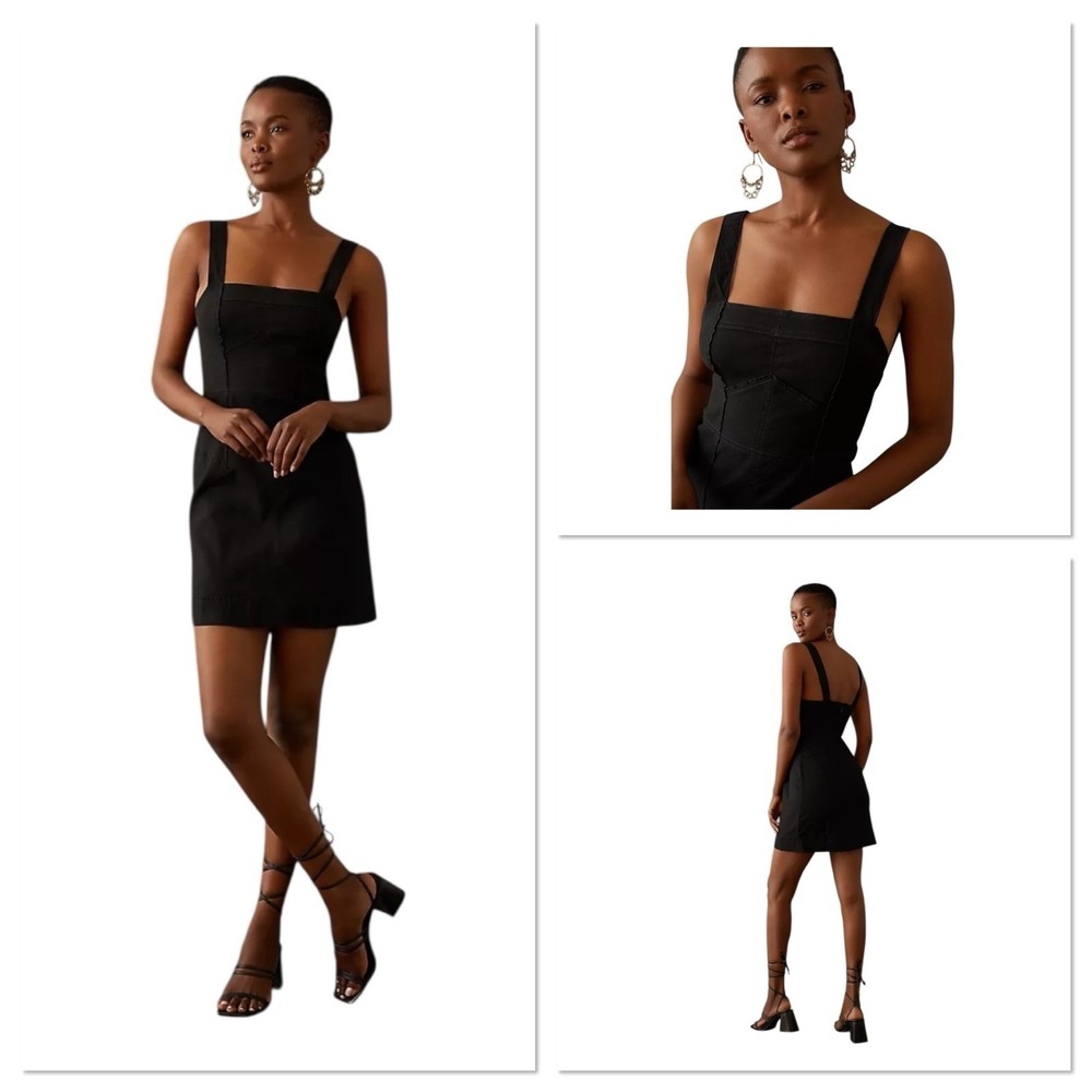 By Anthropologie Squareneck Slim Mini Dress Sleeveless Black Linen Blend Size 4